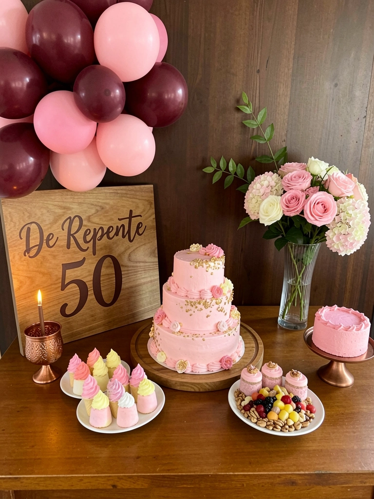Centro de mesa com velas e flores em tons de rosa e detalhes dourados.