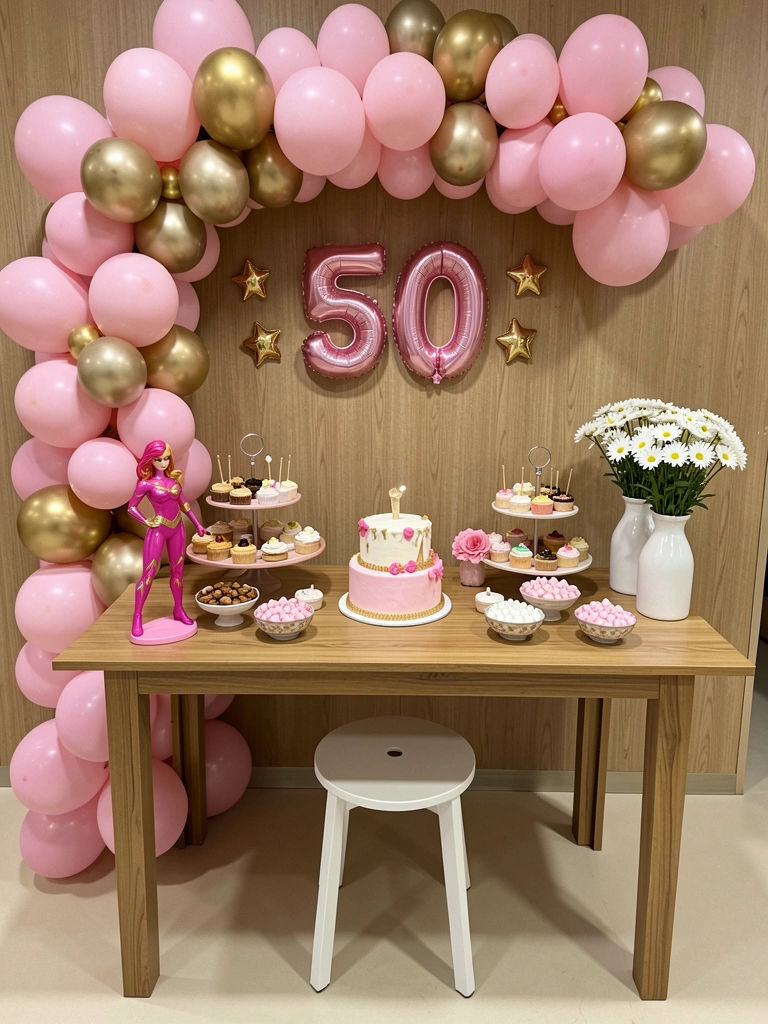Arco feito de balões orgânicos nas cores rosa e dourado, montado em uma parede clara.