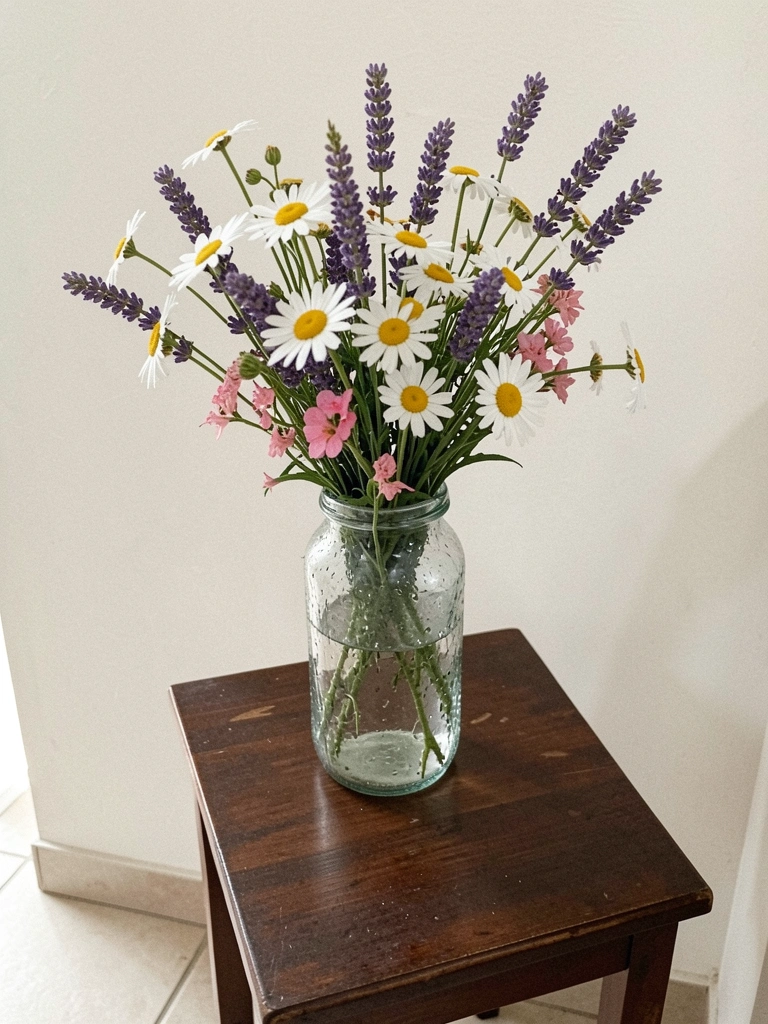 Vaso de vidro reciclado com flores silvestres sobre mesa de madeira clara.