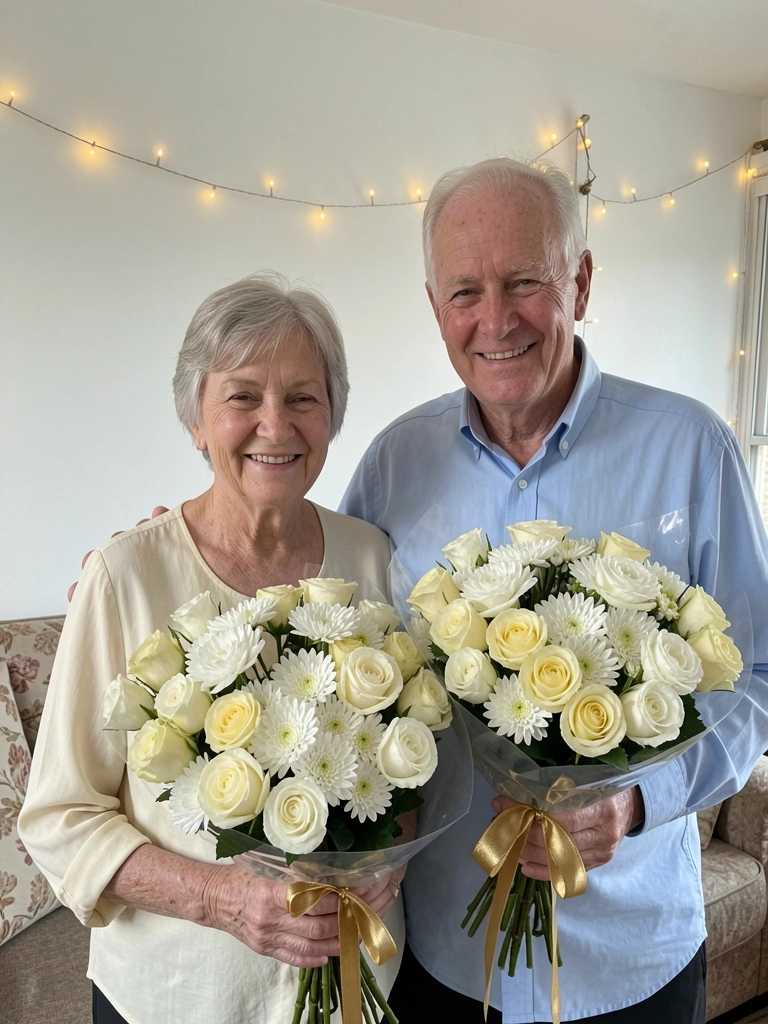 Casal idoso sorrindo, segurando flores brancas e douradas em ambiente doméstico.
