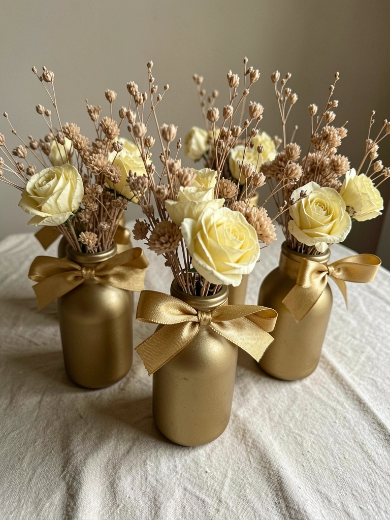 Garrafas de vidro pintadas de dourado com flores secas sobre uma mesa.