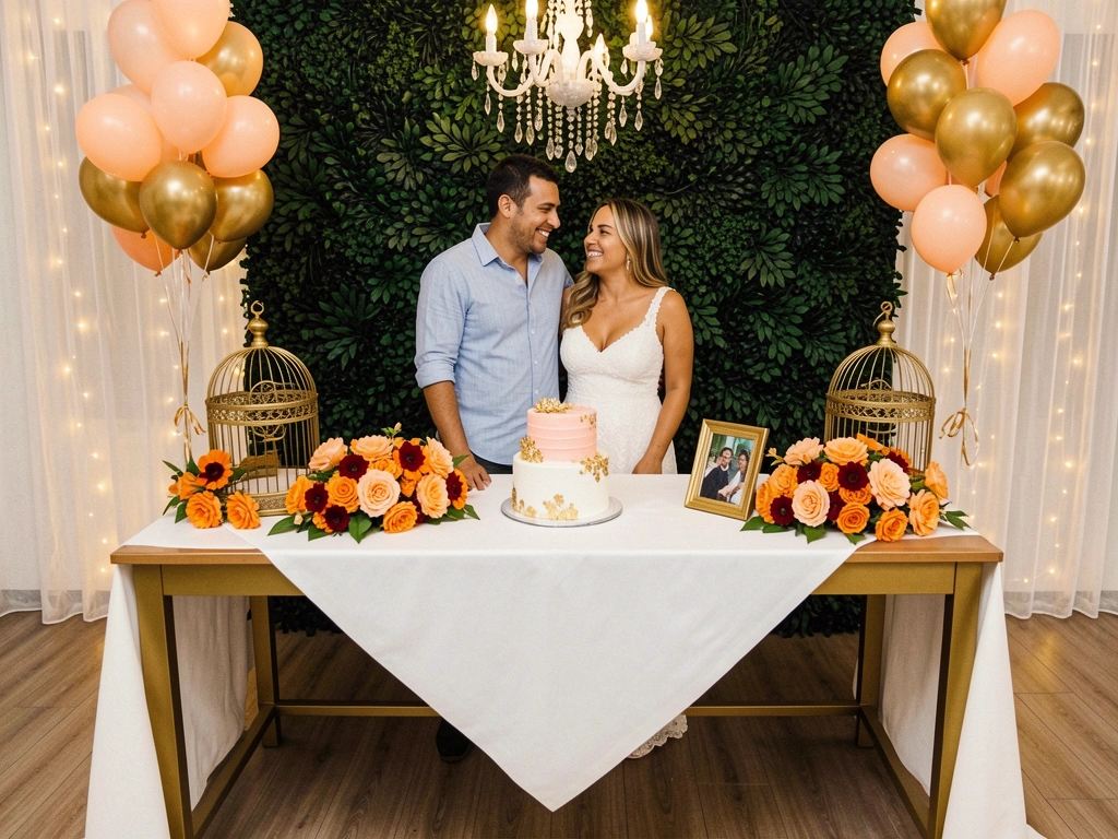 Casal sorrindo sentado à mesa com balões e toalha de mesa lisa em sala decorada.