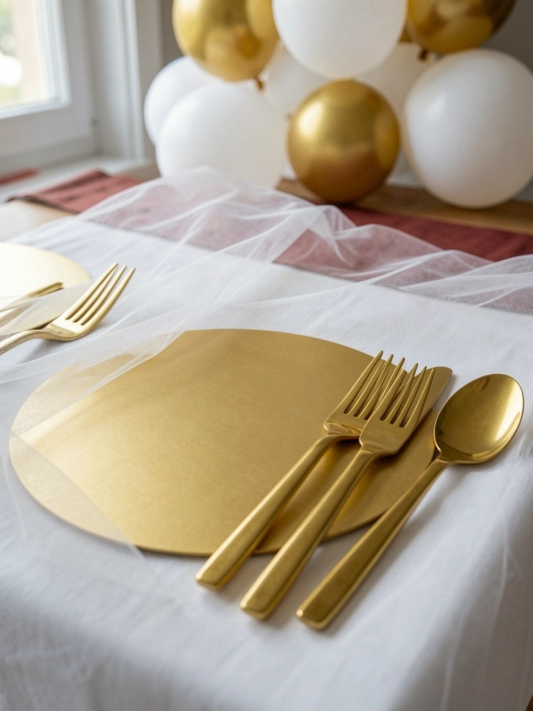 Detalhe dourado em sousplats e talheres sobre toalha branca, com iluminação suave.