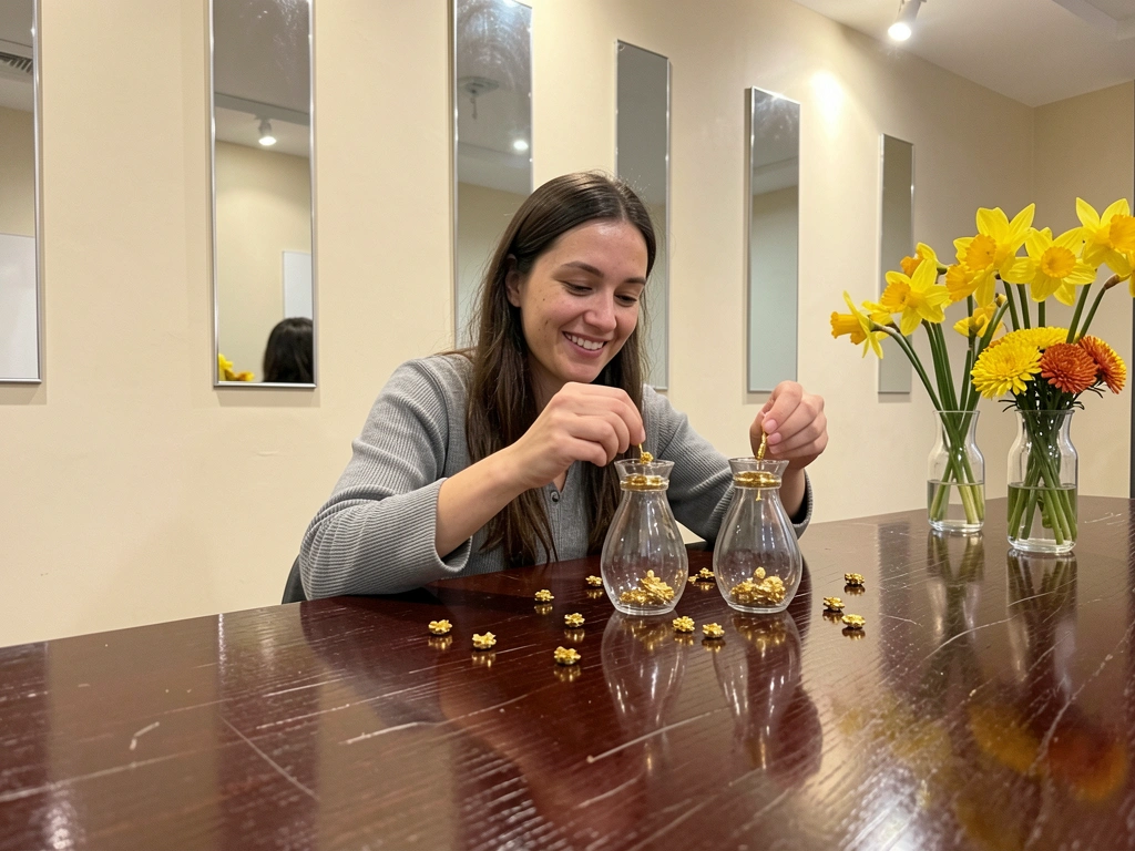 Mãos colando enfeites dourados em vasos de vidro sobre uma mesa.