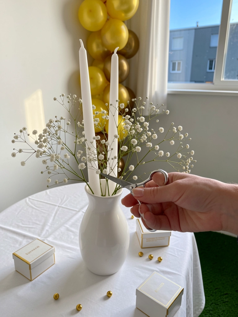 Mão cortando hastes de gipsofila e colocando em vaso com velas sobre mesa.