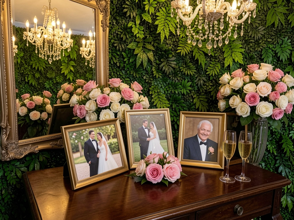 Mesa com fotografias de um casal em diferentes fases, desde o casamento até as bodas de ouro, dispostas em porta-retratos.