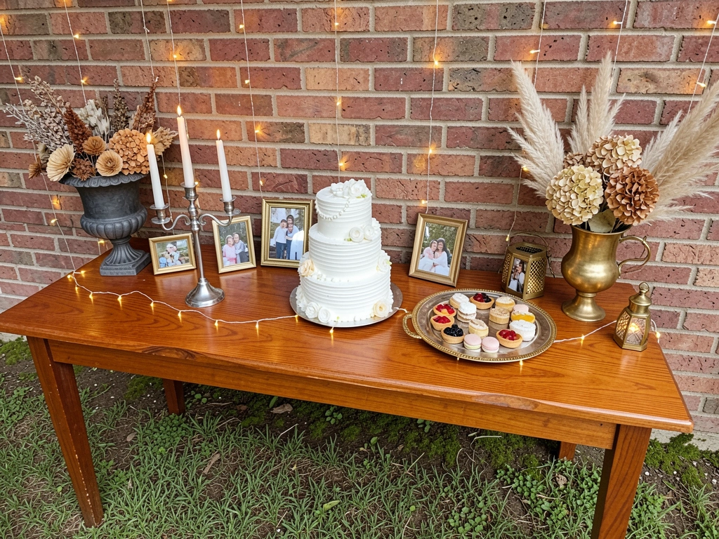 Mesa decorada com toalha branca, arranjo de flores secas, porta-retratos dourados e velas.
