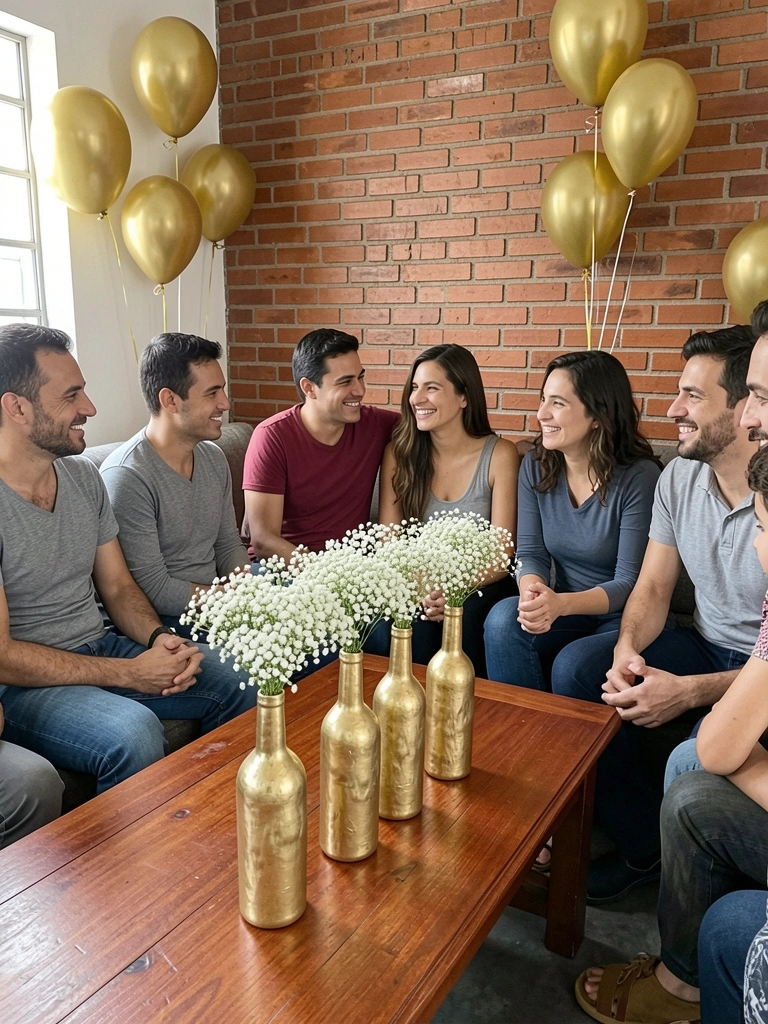 Casal idoso sorrindo ao conversar com familiares em sala com balões dourados e brancos.
