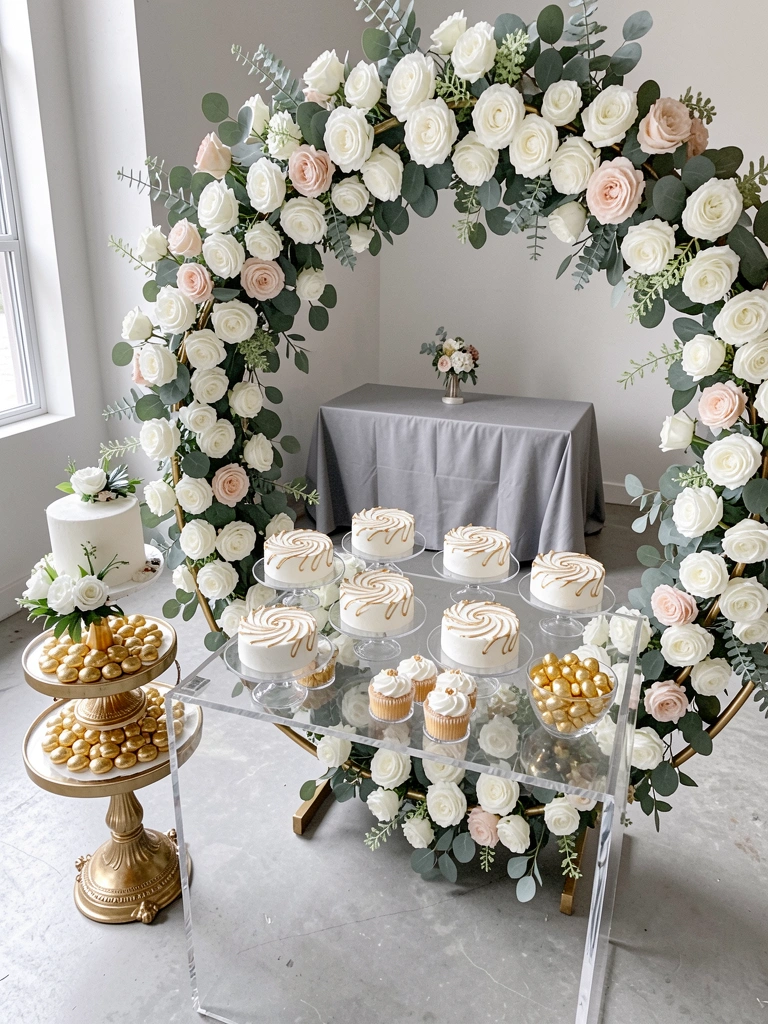 Sala de estar com sofá branco, almofadas em verde claro e blush, vaso dourado e mesa de centro com detalhes metálicos.