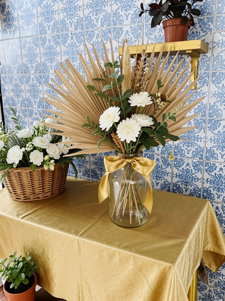 Arranjo de flores secas amarradas com fita dourada em vaso reciclado sobre mesa de madeira.