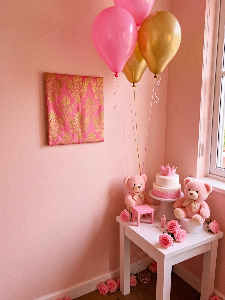 Sala pequena com painel decorativo compacto, balões no teto e mesa lateral com arranjo.