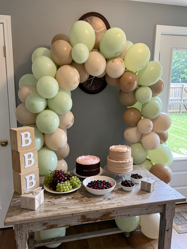 Painel impresso decorado com balões personalizados e kit de decoração para chá de bebê sobre uma mesa.