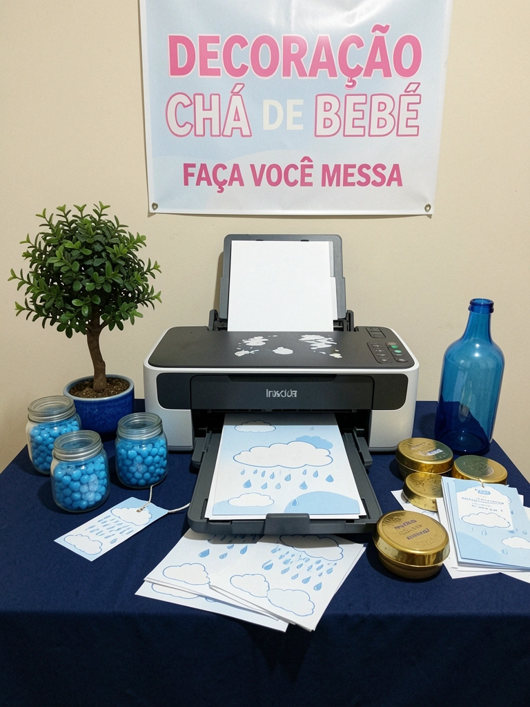 Impressora imprimindo convites e tags com tema de nuvens sobre uma mesa.