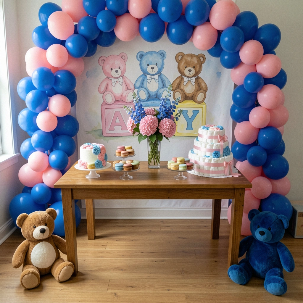 Mesa de chá de bebê com bolo decorado, doces, bolo de fraldas e arranjo central