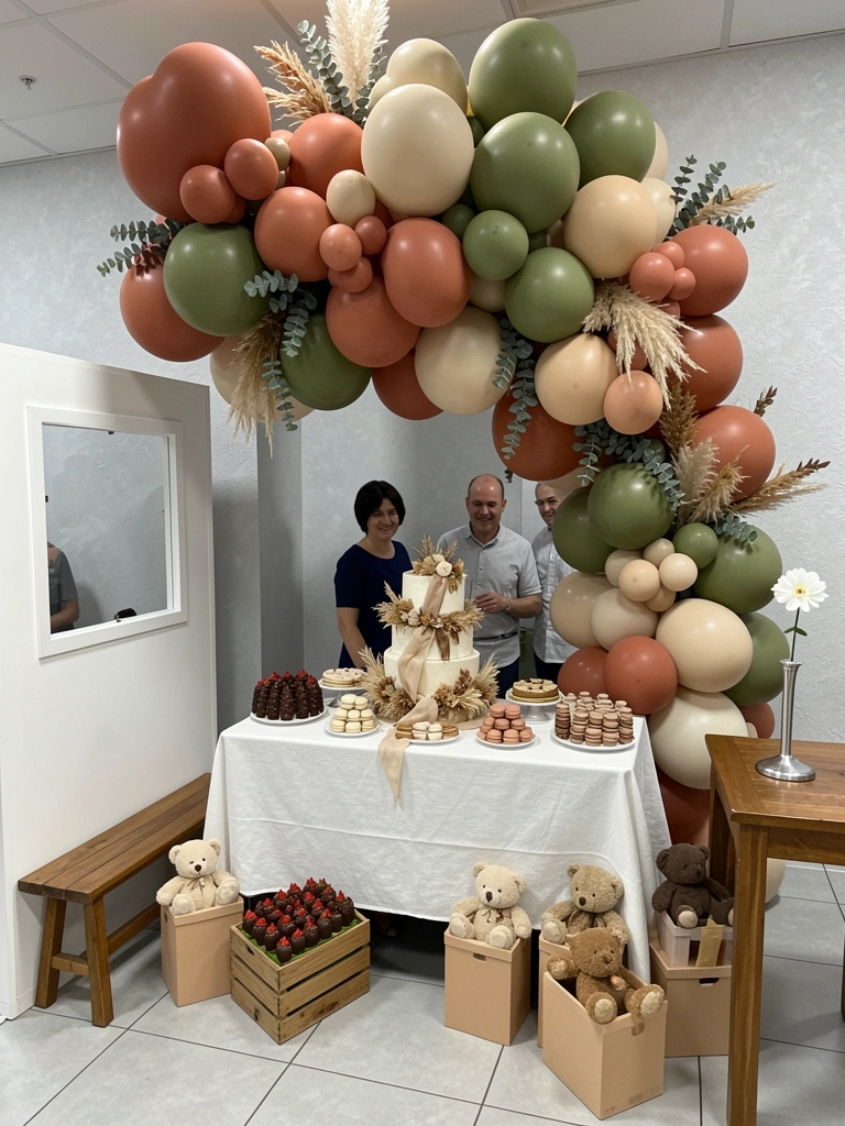 Mesa decorada com tons terrosos, folhagens, bichos de pelúcia e tecidos leves em ambiente claro.