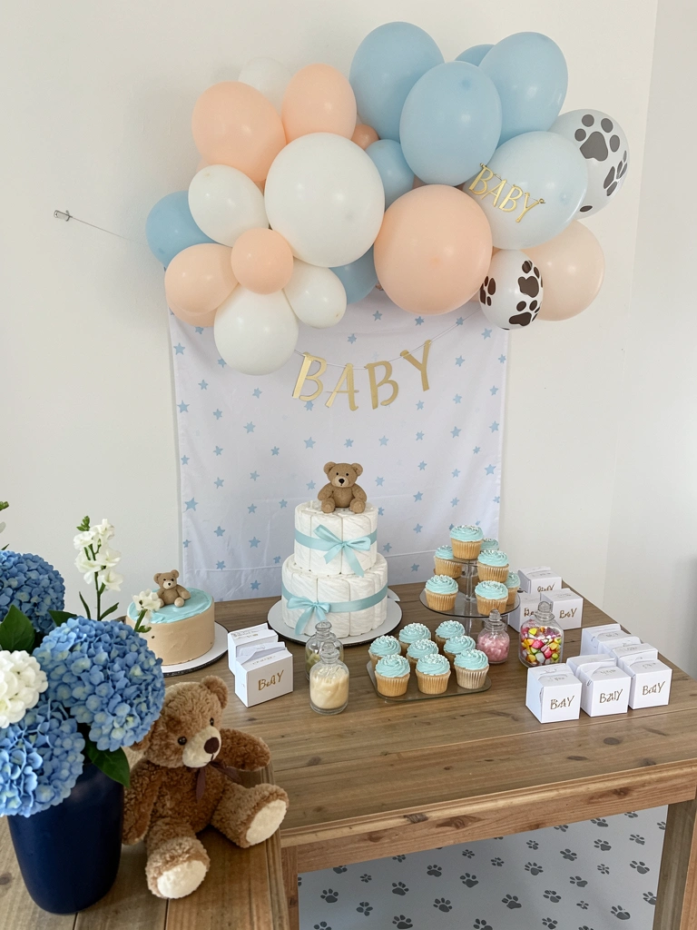 Mesa decorada com bolo de fraldas, doces, lembrancinhas e painel ao fundo.