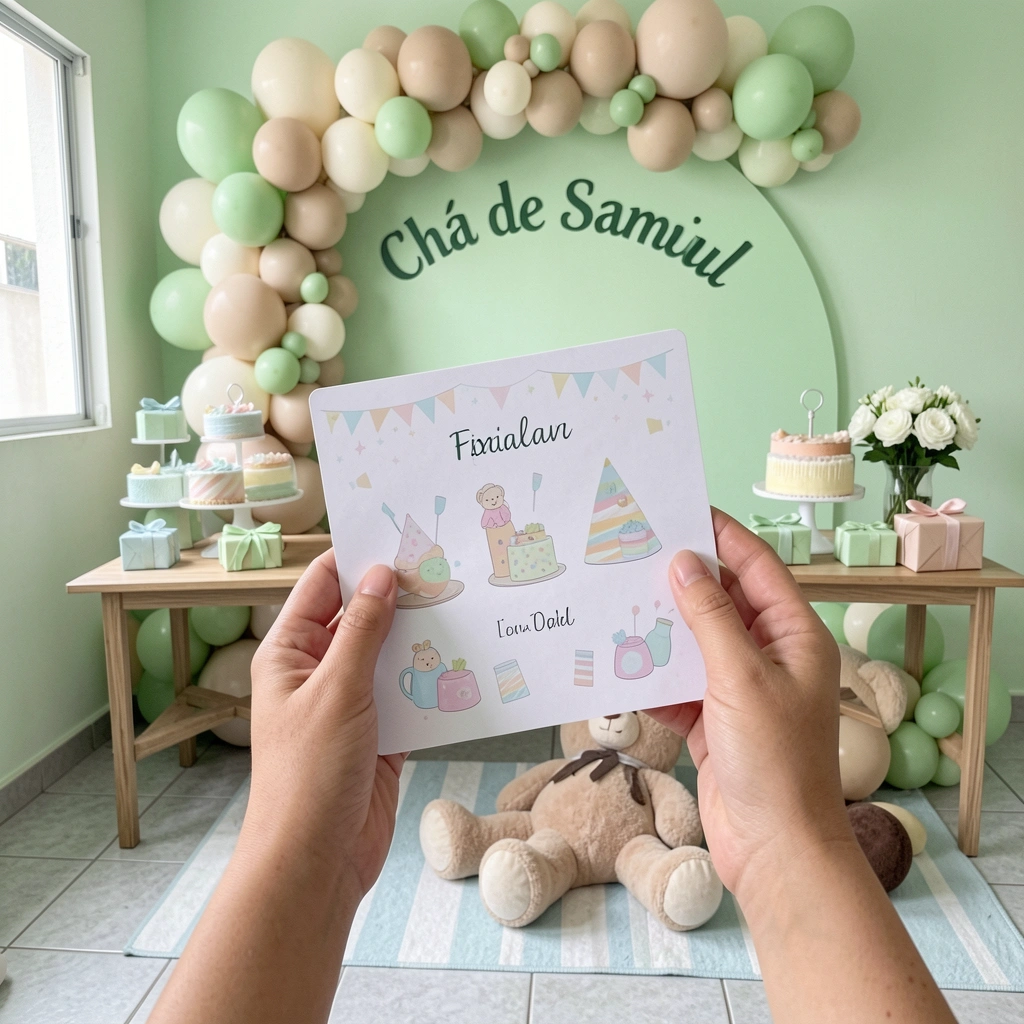 Mãos segurando folhas impressas com elementos decorativos de chá de bebê.