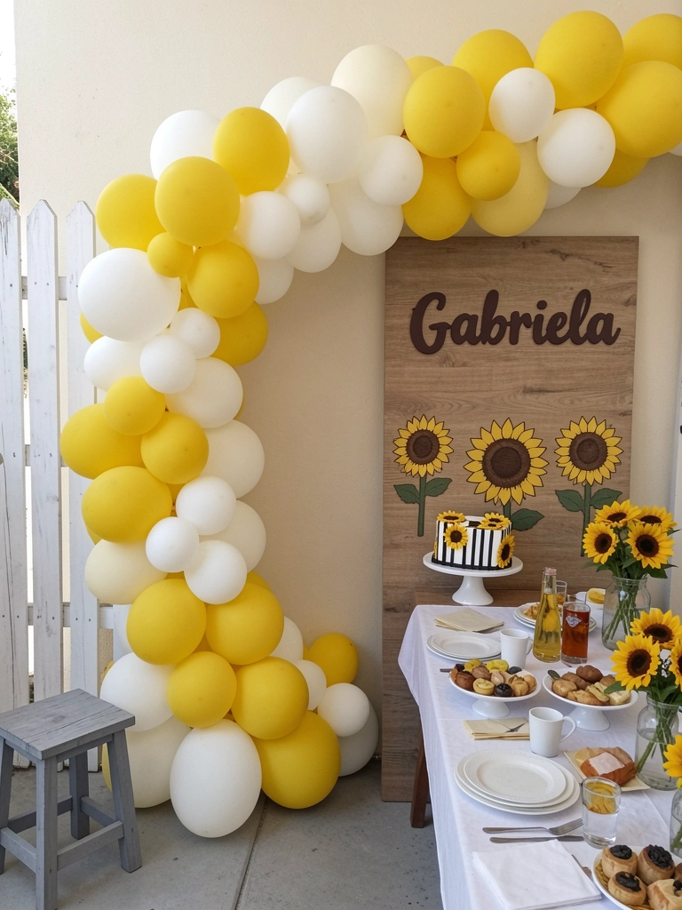 Mesa de festa com toalha amarela, centro de mesa com girassóis em vaso de vidro, pratos e talheres coloridos ao redor.