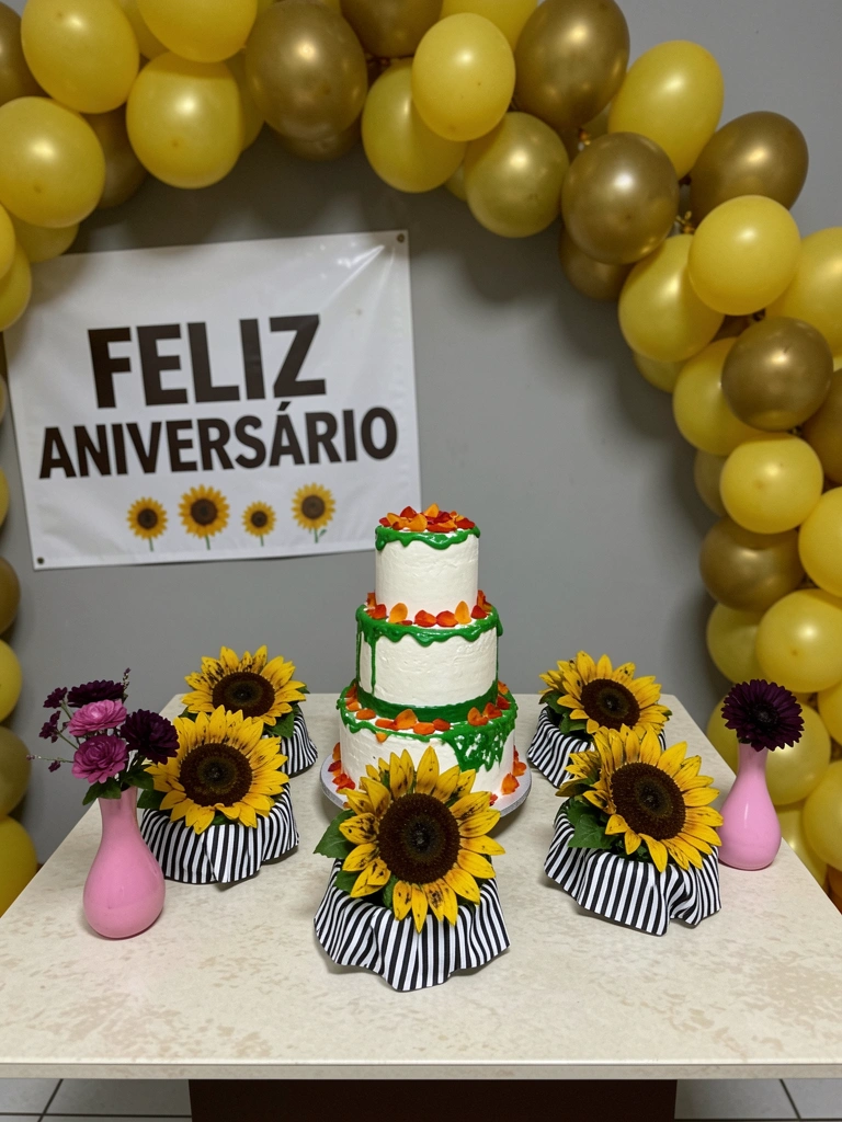 Arco de balões amarelos e dourados na entrada de uma festa.