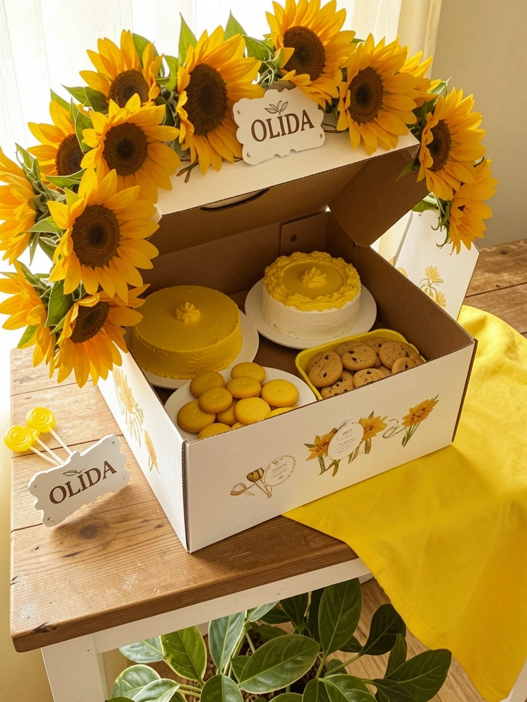 Caixa de papelão fechada com estampa de girassóis e laço de fita amarela.