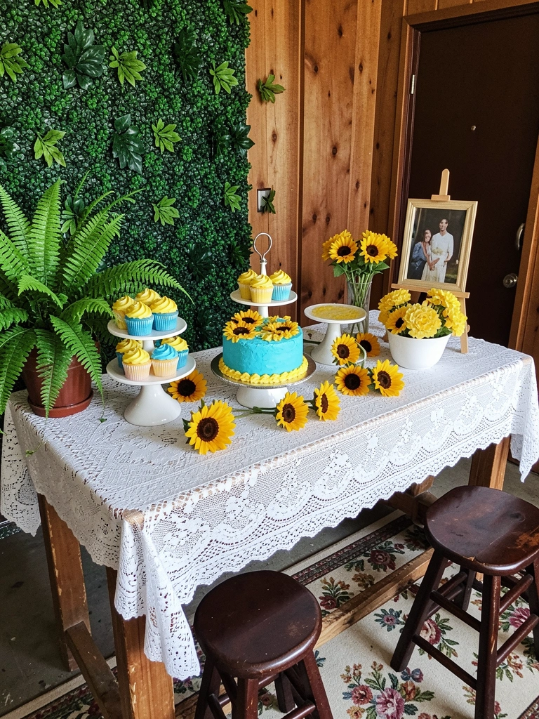 Arquivos digitais de convites com tema girassol, dispostos sobre uma mesa.
