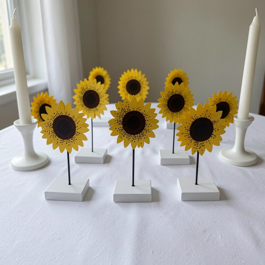 Mesa posta com toalha amarela, arranjos de girassol em vaso central e velas brancas acesas.