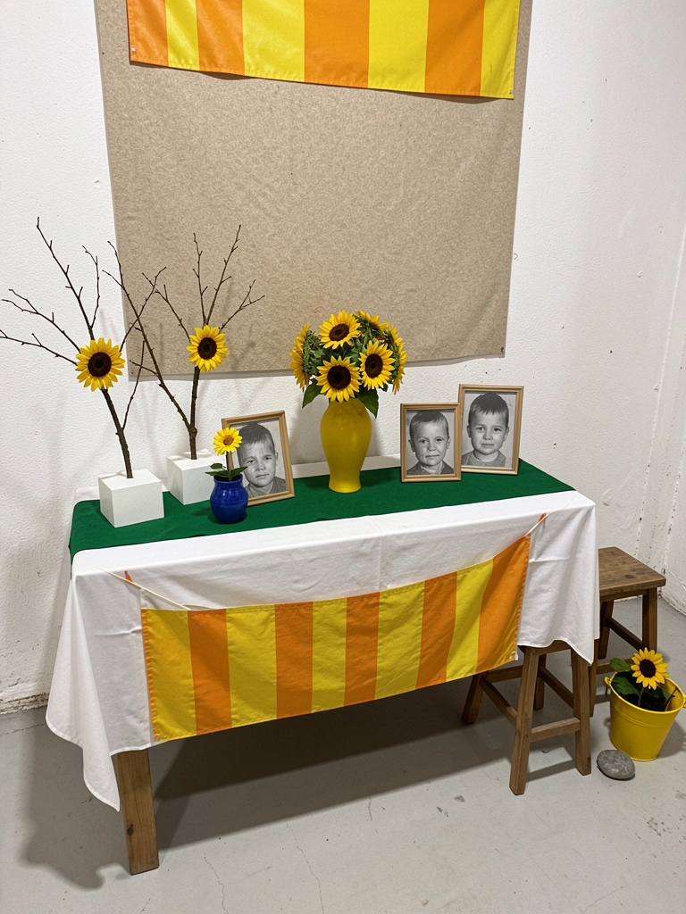 Vaso com girassóis naturais no centro de uma mesa de madeira, com luz natural vinda de uma janela ao fundo.