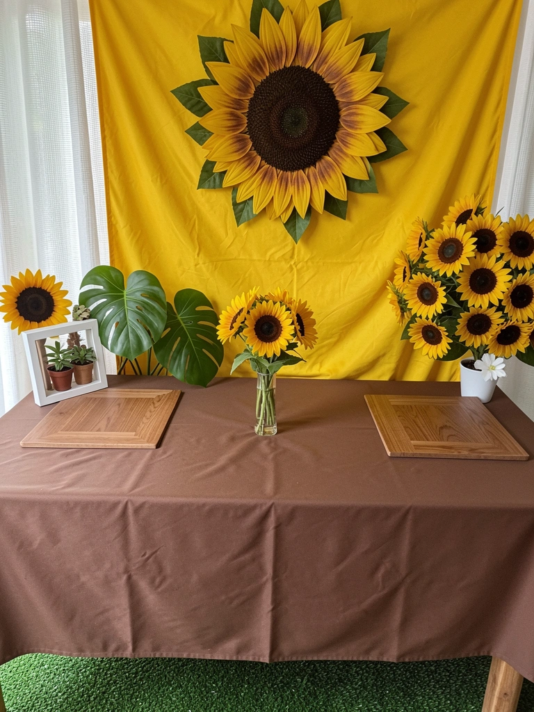 Mesa com toalha marrom e sousplats de madeira, pratos brancos e detalhes em girassol.