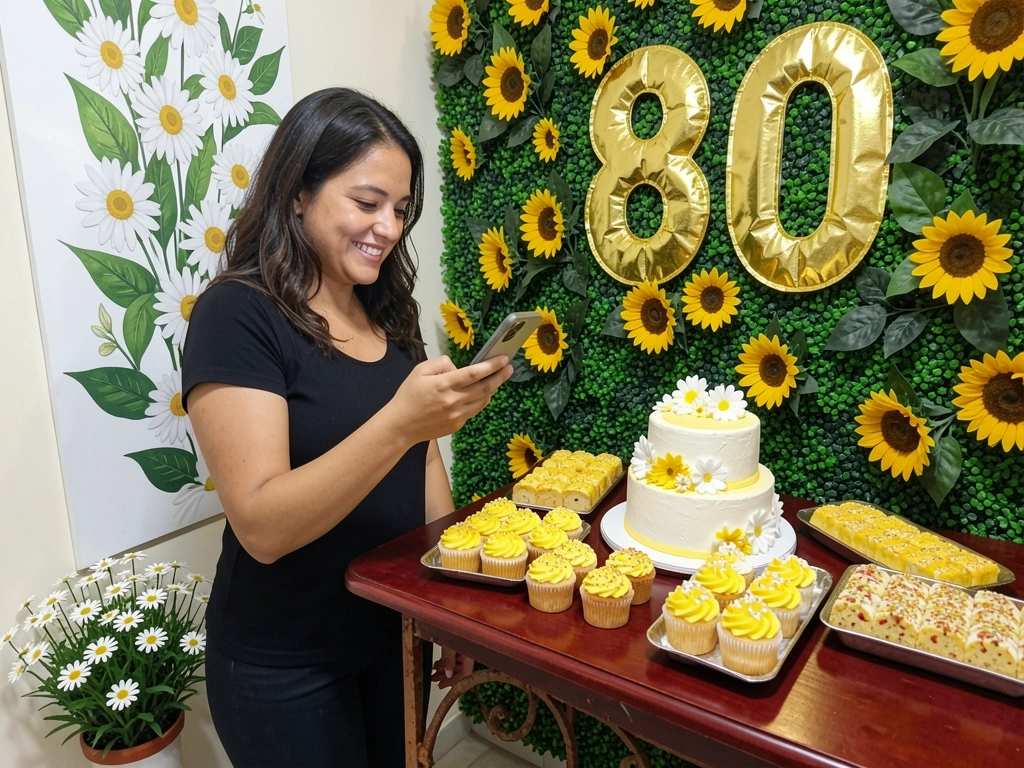 Mão segurando celular com tela mostrando pesquisa de ideias de girassol.