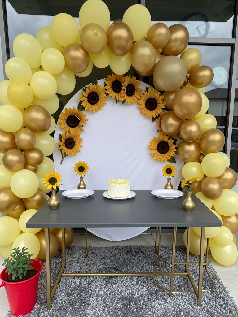 Mesa decorada com toalha amarela, pratos brancos, guardanapos listrados e centro de mesa com girassóis.
