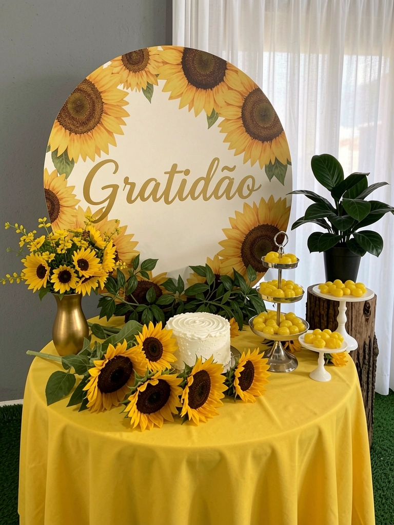 Amostras de cores amarelo, verde e marrom ao lado de girassóis sobre uma superfície clara.