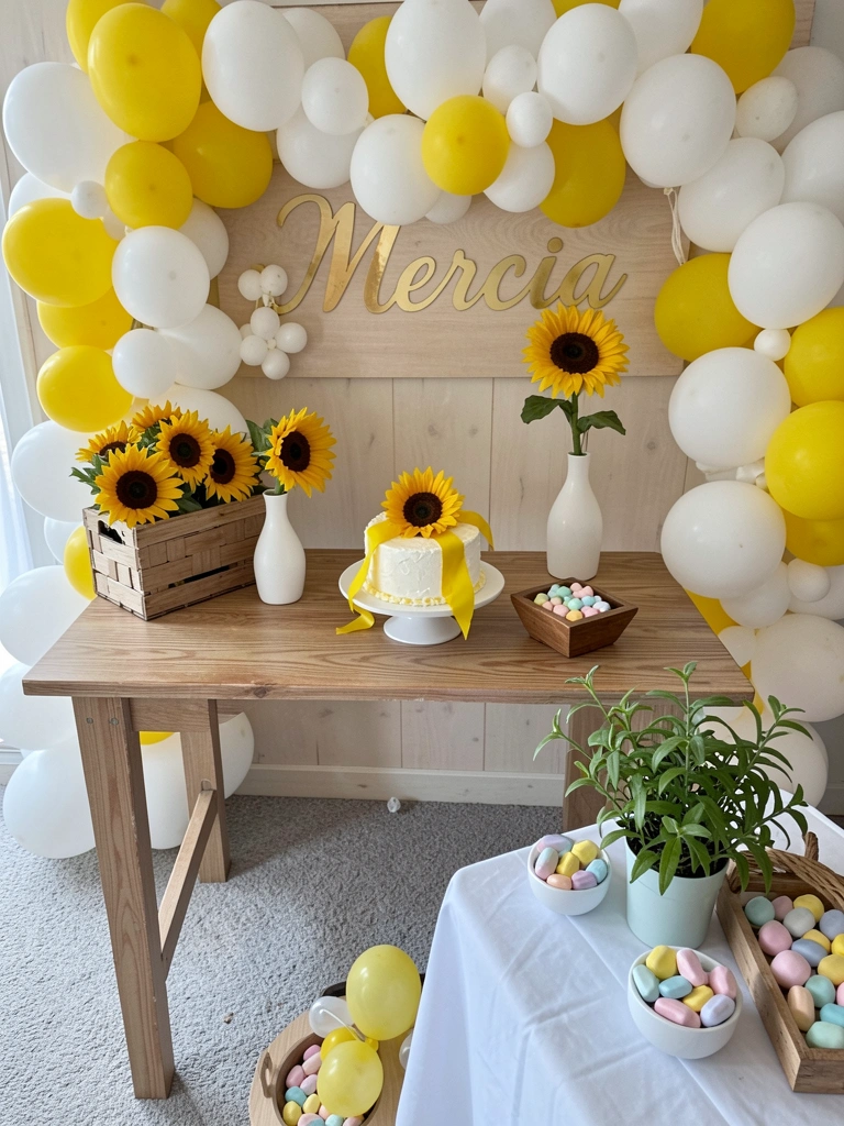 Detalhes amarelos em arranjos de mesa e enfeites de parede em uma festa com tema girassol.
