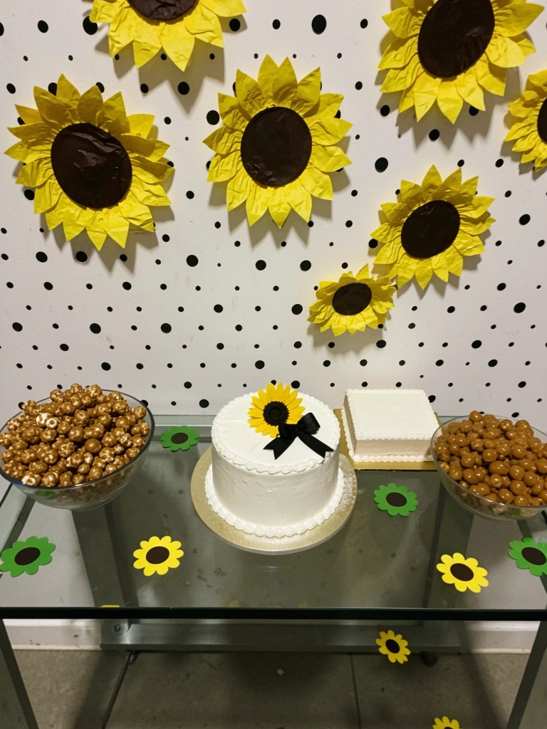 Mesa temática com painel decorativo, bolo decorado com girassóis, lembrancinhas e balões amarelos.