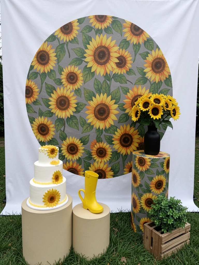 Bolo branco de três camadas decorado com girassóis de pasta americana sobre suporte dourado.