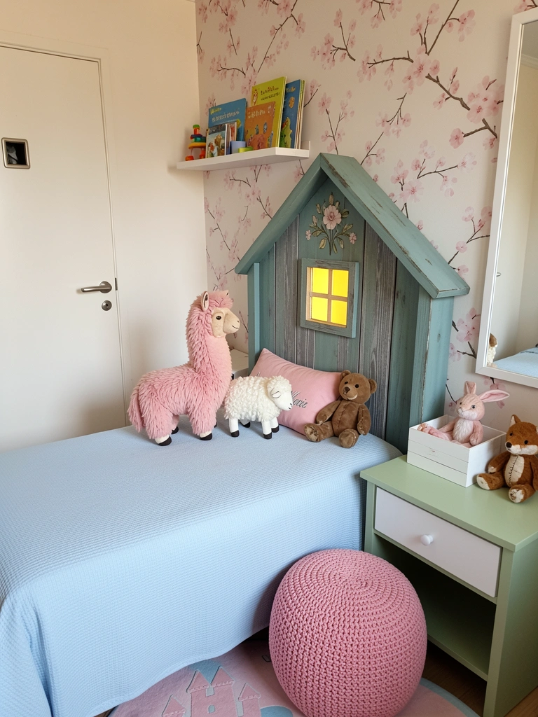 Quarto infantil com estante colorida, tapete em formato de castelo e brinquedos no chão.