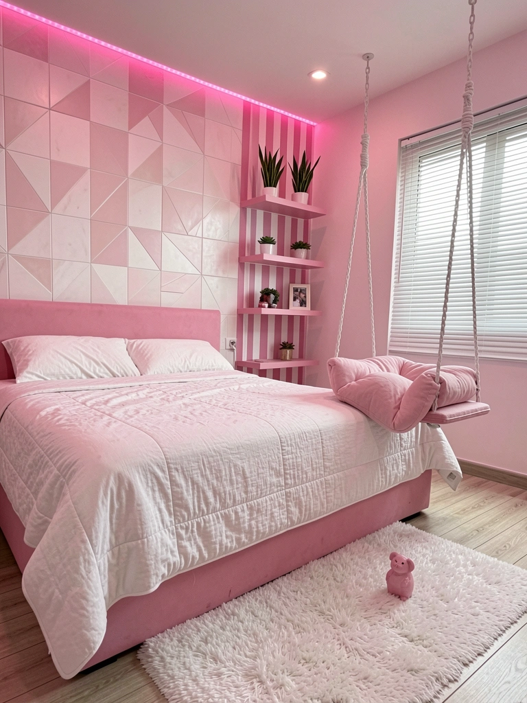 Colagem com cinco fotos de quartos infantis femininos em diferentes estilos decorativos.
