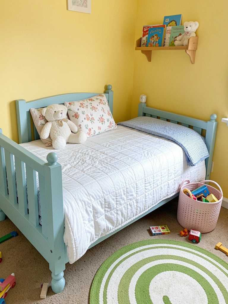 Parede amarelo-manteiga, cama azul-claro com roupa de cama branca, estante com livros e ursinho de pelúcia.