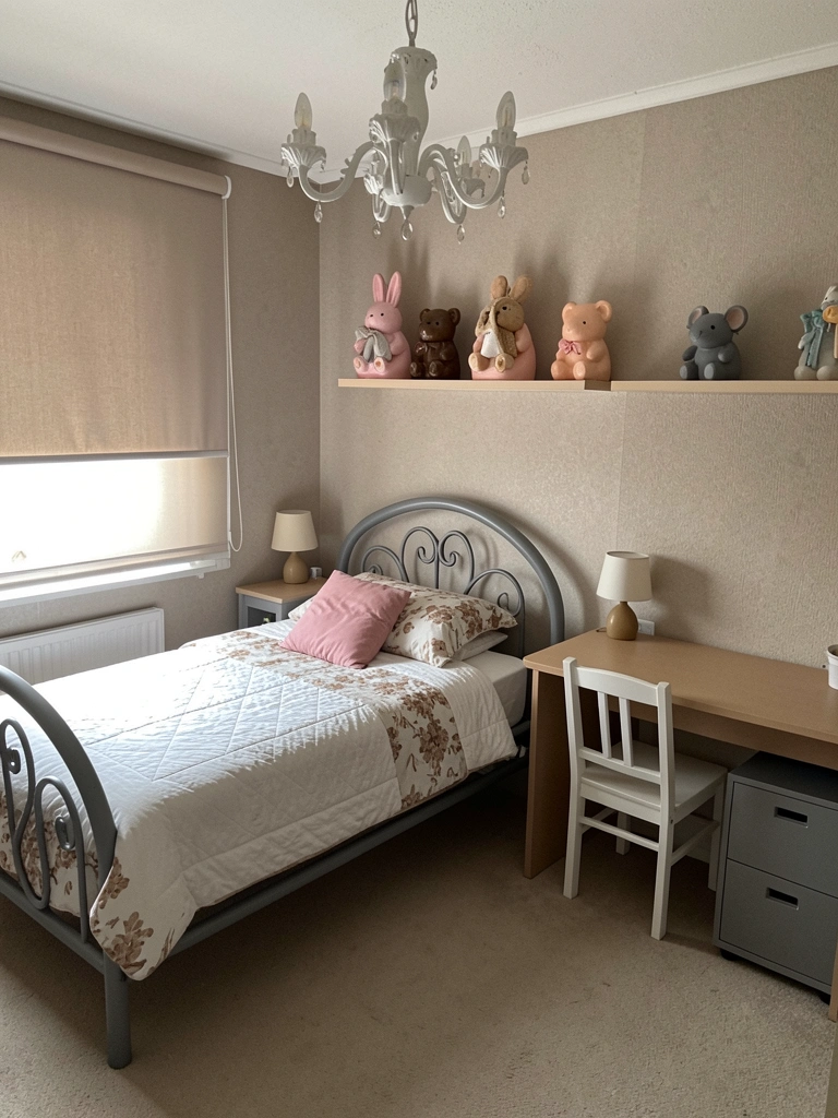 Conjunto de móveis infantis com cama baixa, prateleiras e mesa com cadeira em quarto claro.