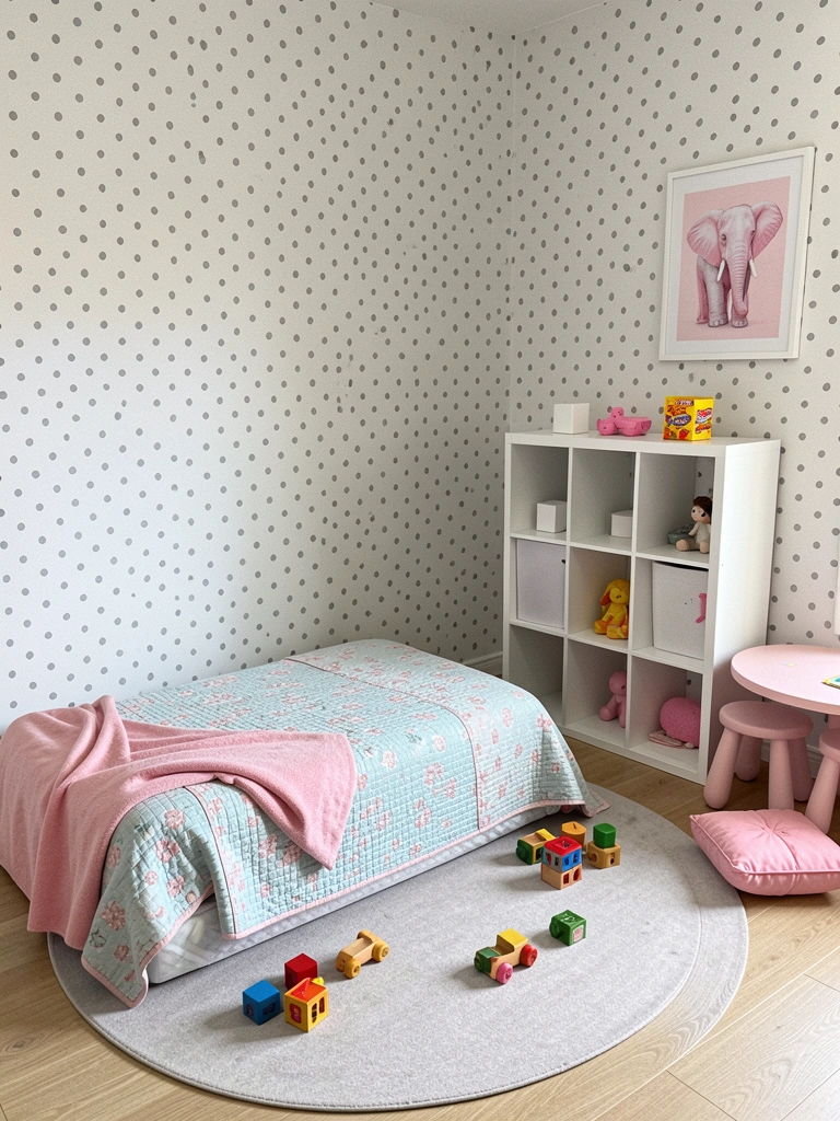 Cama montessoriana baixa com colchão no chão, cercada por brinquedos e almofadas em quarto infantil.