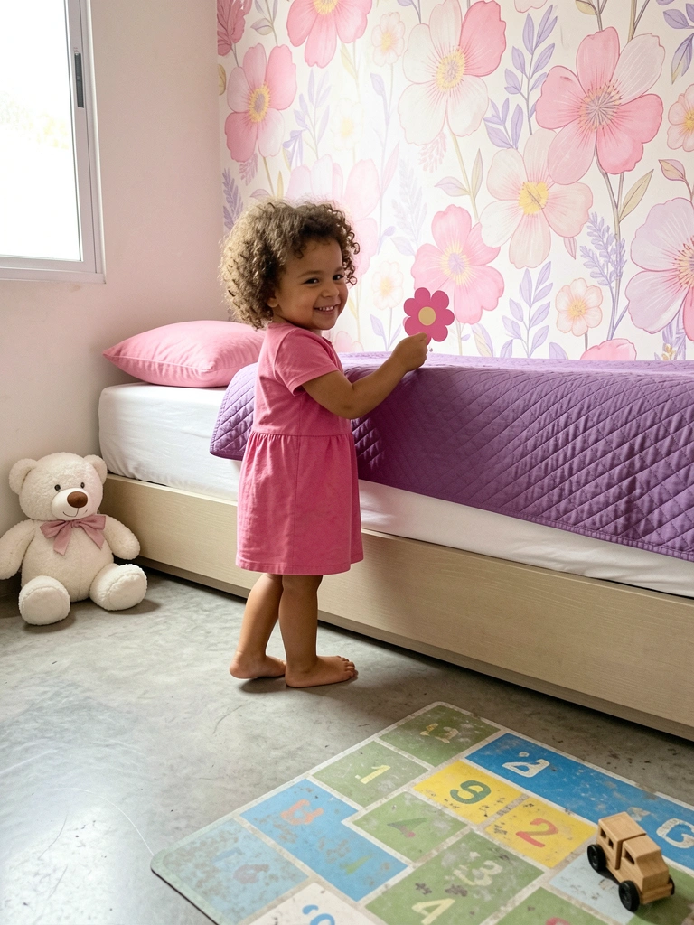Criança colando adesivo de flor na parede do quarto, com foco na mão e no adesivo.