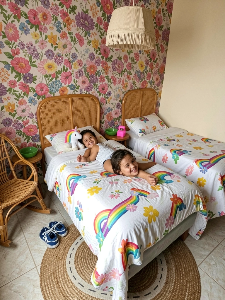 Tapete redondo com estampa de estrada sobre piso de madeira em quarto infantil com brinquedos ao fundo.