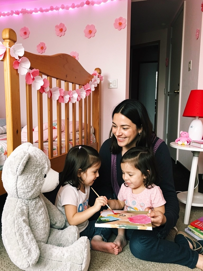 Mãe e filha sentadas à mesa, pintando um quadro com pincéis e tintas coloridas.