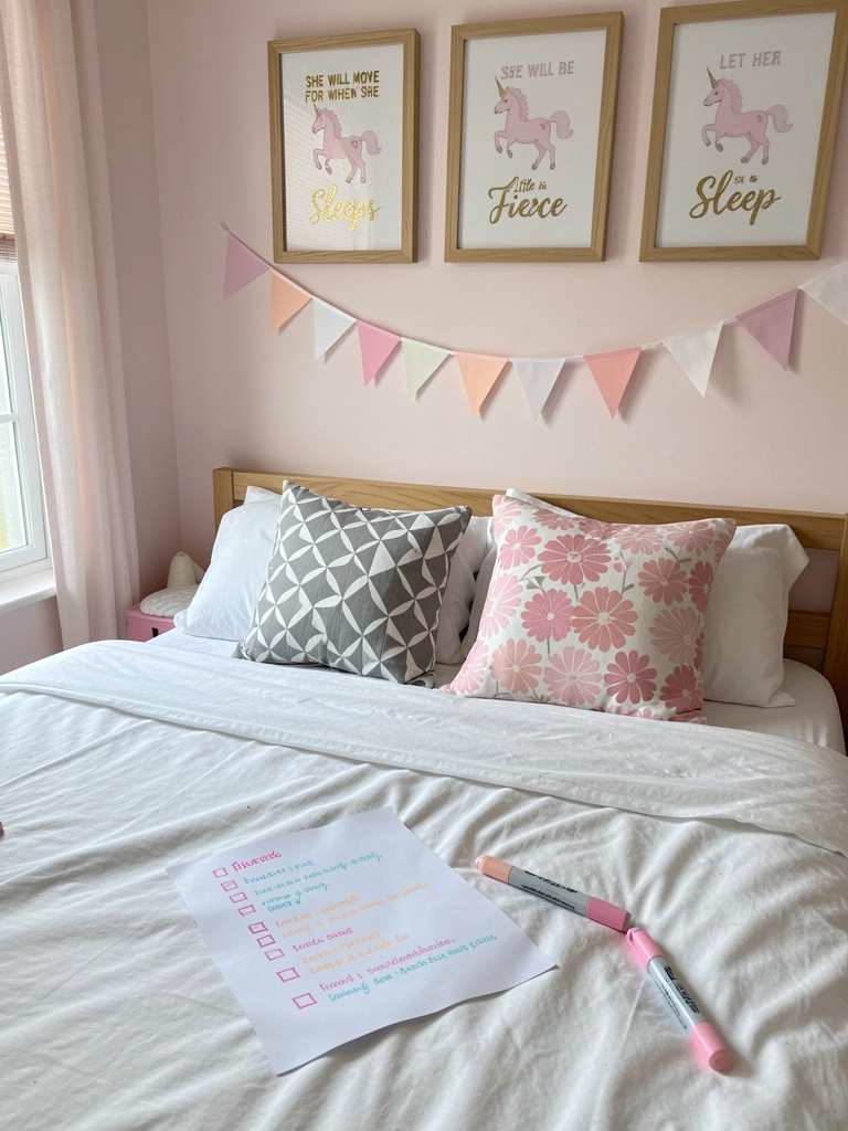 Folha de checklist com itens riscados por canetinhas coloridas sobre uma cama infantil.