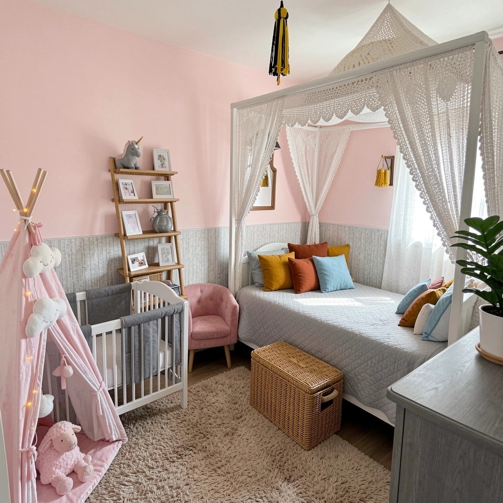 Quarto com cama de vime, almofadas coloridas e cortina de crochê à luz natural.