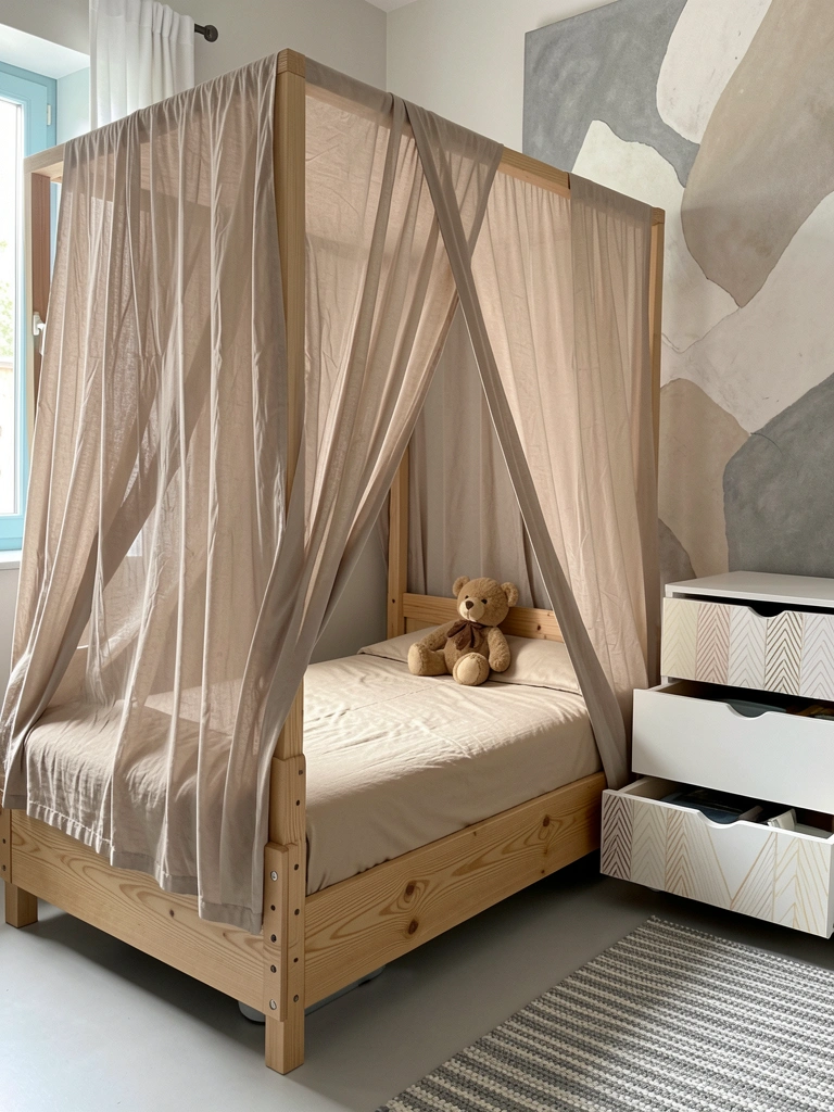 Quarto minimalista com cama baixa, brinquedos organizados em prateleiras e paleta de cores neutras.