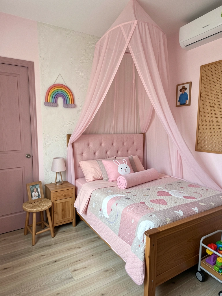 Quarto com cama de dossel, cabeceira estofada em rosa pastel e cortinas leves.