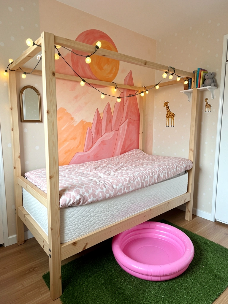 Quarto infantil com paredes rosas, adesivo de girafa na parede, cama com dossel e tapete de grama sintética no chão.