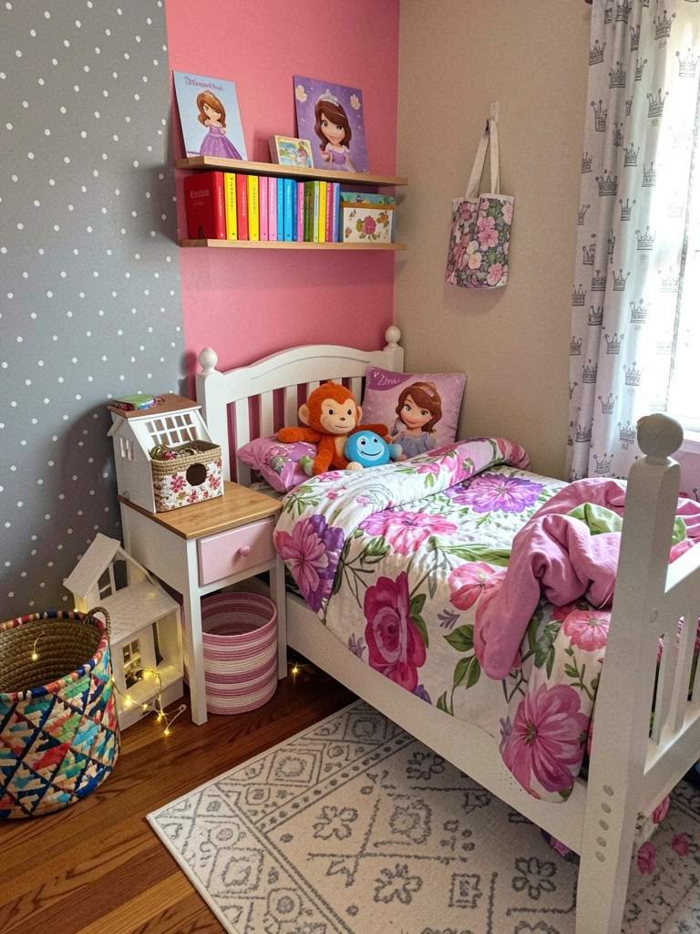 Quarto infantil com pôster da Princesa Sofia na parede, cortina com estampa de coroas e almofada com rosto da personagem sobre a cama.
