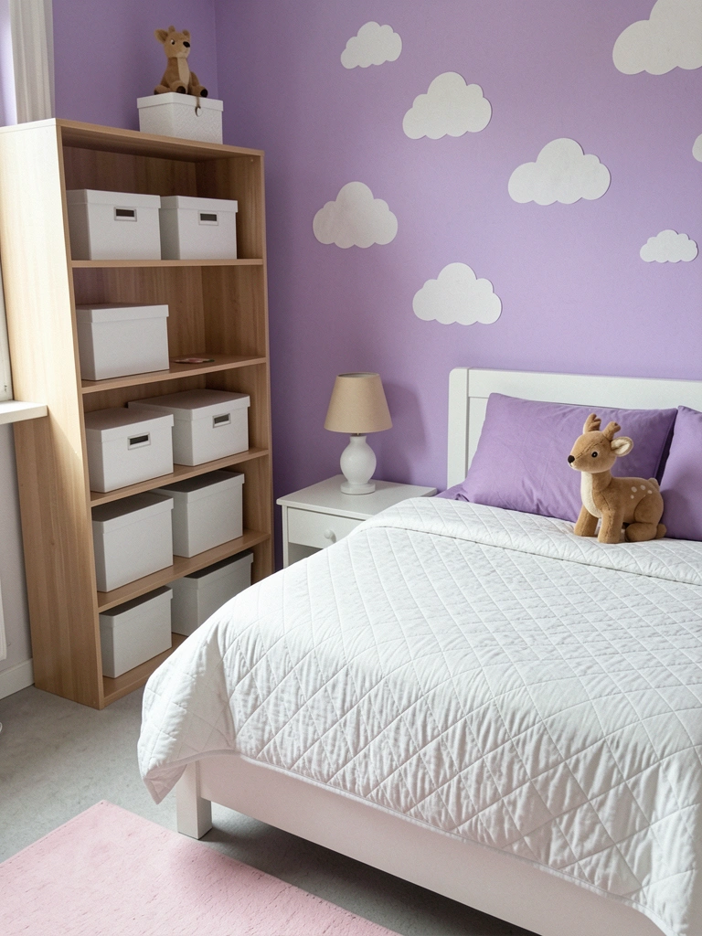 Parede lilás com adesivo de nuvens, cama branca com almofadas lavanda.