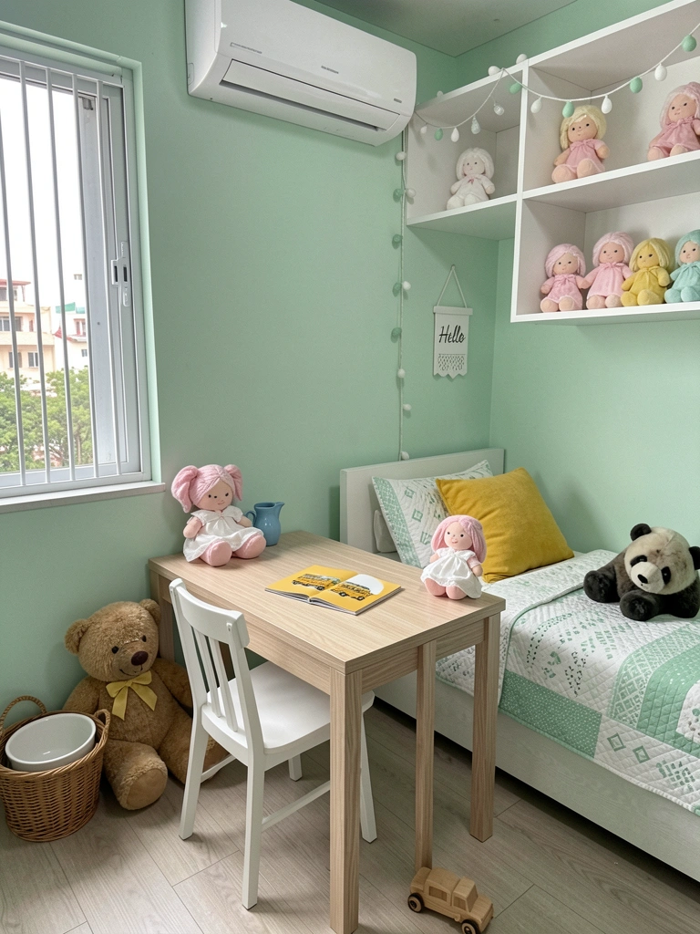 Quarto com parede verde-menta, cama de madeira clara, almofadas amarelo manteiga e cortina branca.